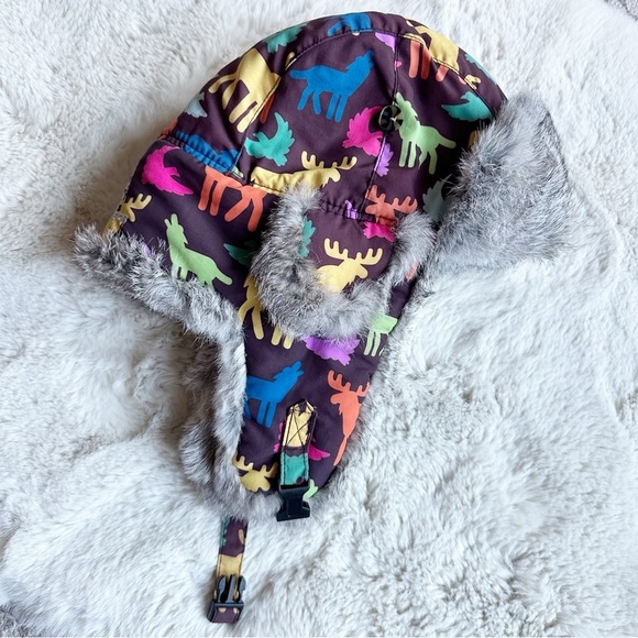 Mad Bomber Kid Moose Eagle Coyote Print Hat Real Rabbit Fur Trapper Hat Size‎ L - Picture 1 of 7